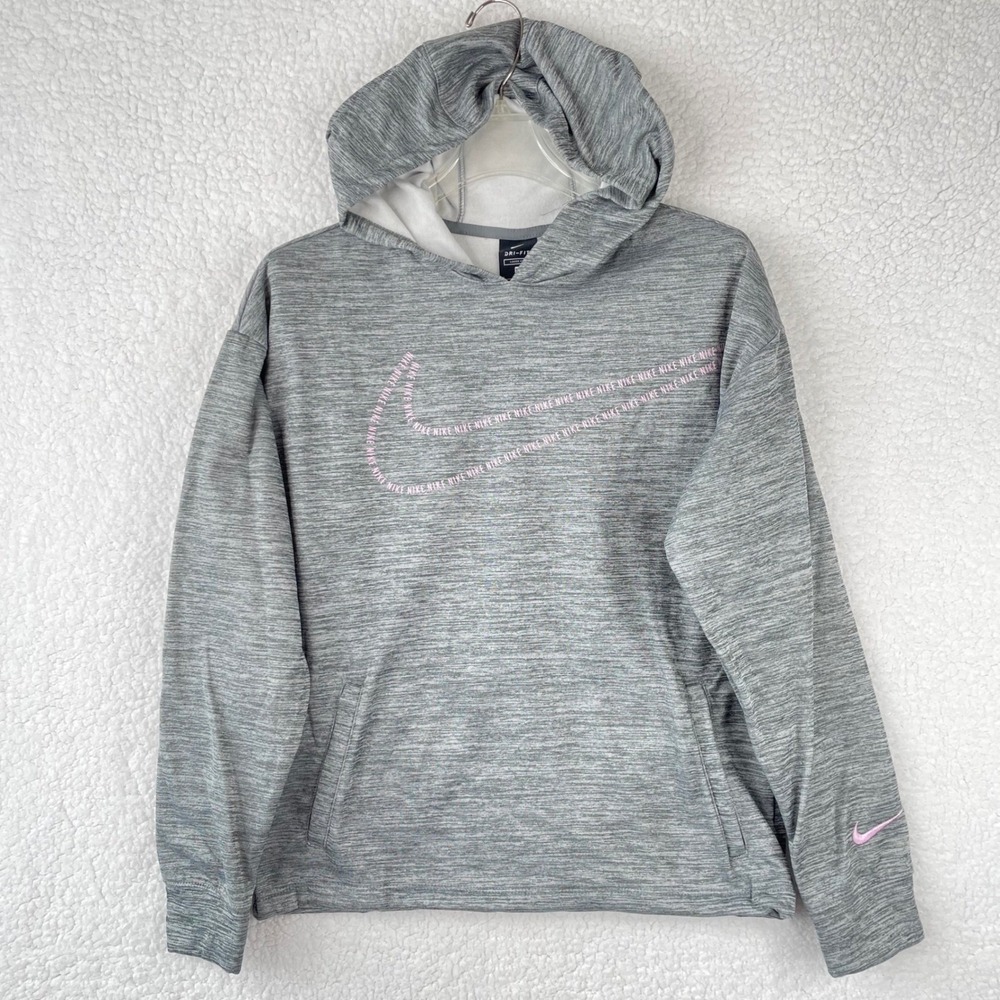 Nike Girls XL Grey Space Dye Therma Dri-FIT Loose Fit Hoodie NWT Pink Logo